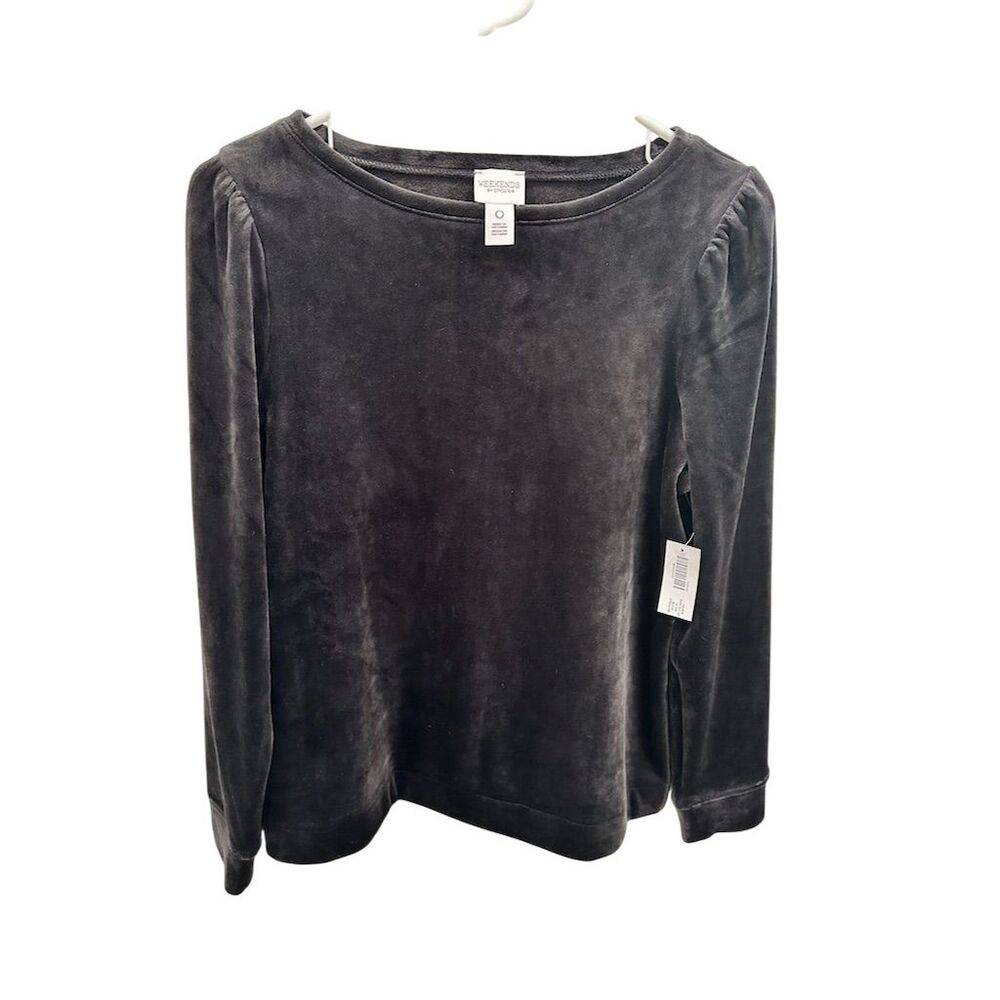 NWT Weekends by Chico's Women's Black Velour Puff Sleeve Top 0 Size S‎